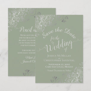 Reserve A Data Casamento Elegante Cinza Prata Ondas Verde Sálvia