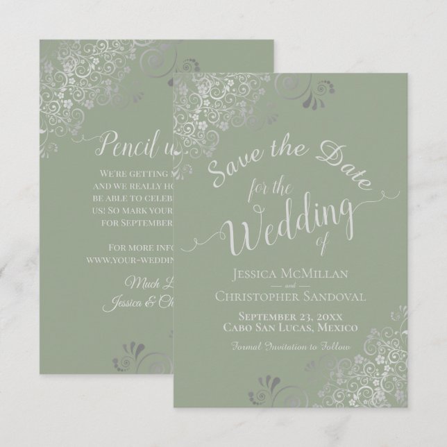 Reserve A Data Casamento Elegante Cinza Prata Ondas Verde Sálvia (Frente/Verso)