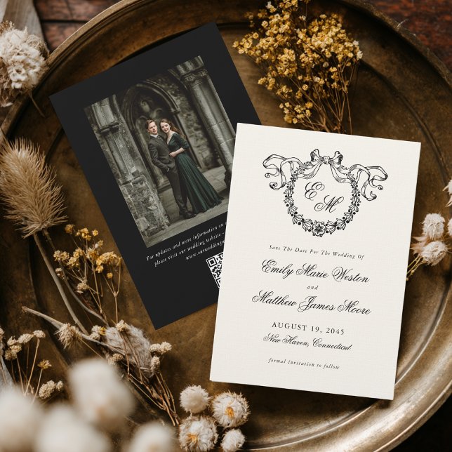 Reserve A Data Casamento Elegante com Código QR Monograma Francês (Criador carregado)