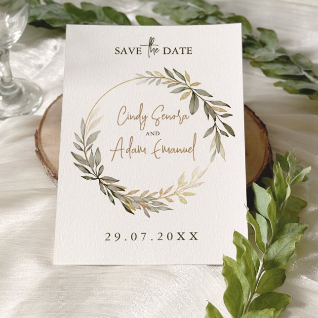Reserve A Data Casamento Elegante com Dourado e Verde (Criador carregado)