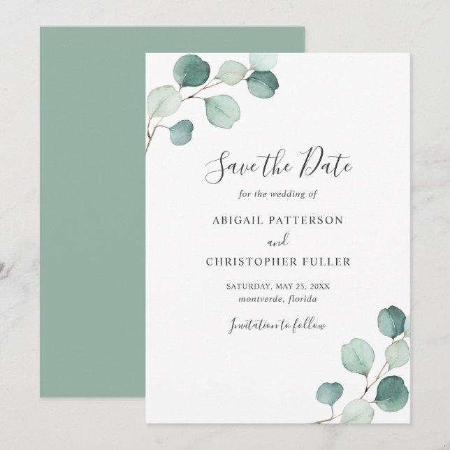 Reserve A Data Casamento Elegante com Eucalipto Rústico Simples (Frente/Verso)