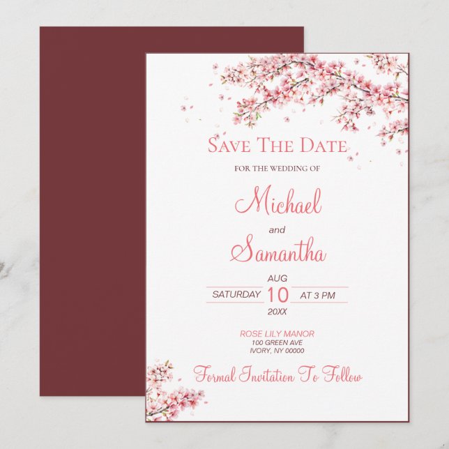 Reserve A Data Casamento Elegante com Flor de Cerejeira (Frente/Verso)