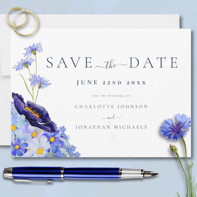 Reserve A Data Casamento Elegante com Flores Silvestres (Elegant wildflower blue wedding save the date invitation )