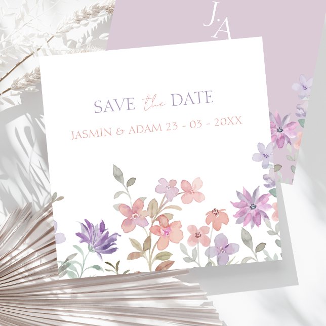 Reserve A Data Casamento Elegante com Flores Silvestres Rosa Lava (Elegant Lavender Pink Whimsical Wildflower Wedding Save The Date Card)
