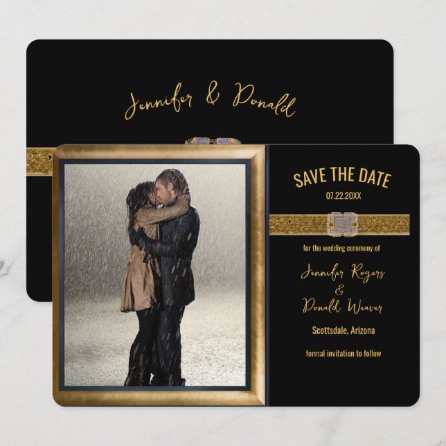 Reserve A Data Casamento Elegante com Glitter Dourado Preto  (Frente/Verso)