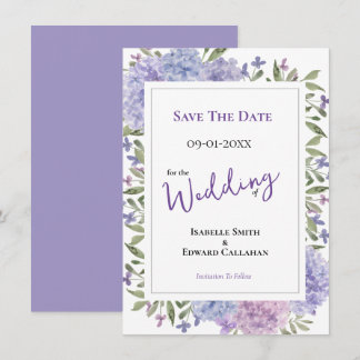 Reserve A Data Casamento Elegante com Hortênsias Lilás e Azul Des