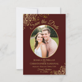 Reserve A Data Casamento Elegante com Renda Dourada e Foto Marrom
