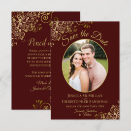 Reserve A Data Casamento Elegante com Renda Dourada e Foto Marrom