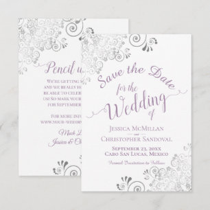 Reserve A Data Casamento Elegante com Renda Prateada Lavanda e Br