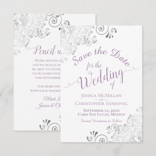Reserve A Data Casamento Elegante com Renda Prateada Lavanda e Br (Frente/Verso)