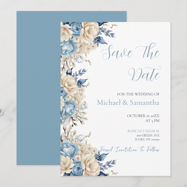 Reserve A Data Casamento Elegante com Rosa Azul e Marfim (Frente/Verso)