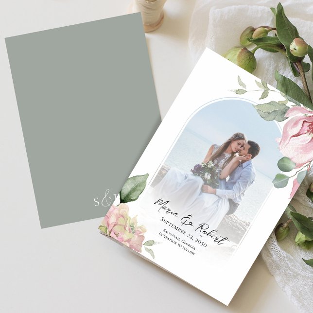 Reserve A Data Casamento Elegante De Arca Floral Rosa-Blush (Elegant wedding save the date photo card. )