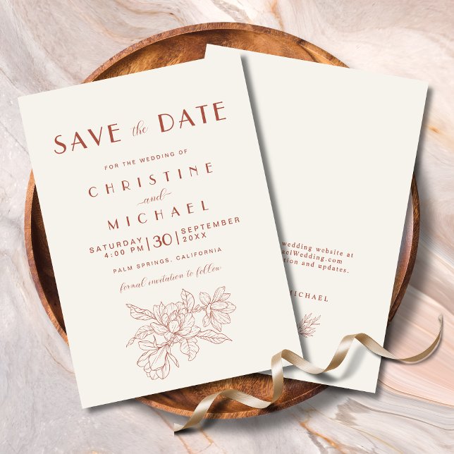 Reserve A Data Casamento Elegante de Ivory Terracotta Floral (Floral Ivory Terracotta Elegant Wedding Save the Date Invitation with Magnolia Line Art, Website.)