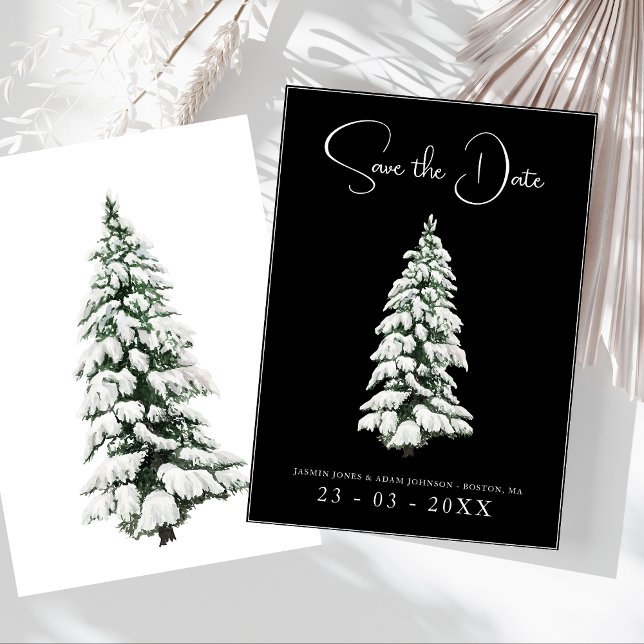 Reserve A Data Casamento Elegante de Pinheiro Nevado Preto (Winter Black and White Snowy Pine Tree Wedding Save The Date)