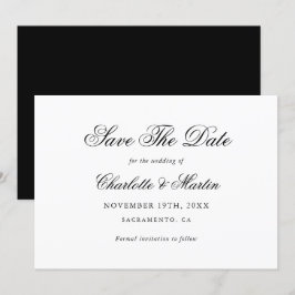 Reserve A Data Casamento Elegante de Script Branco e Preto