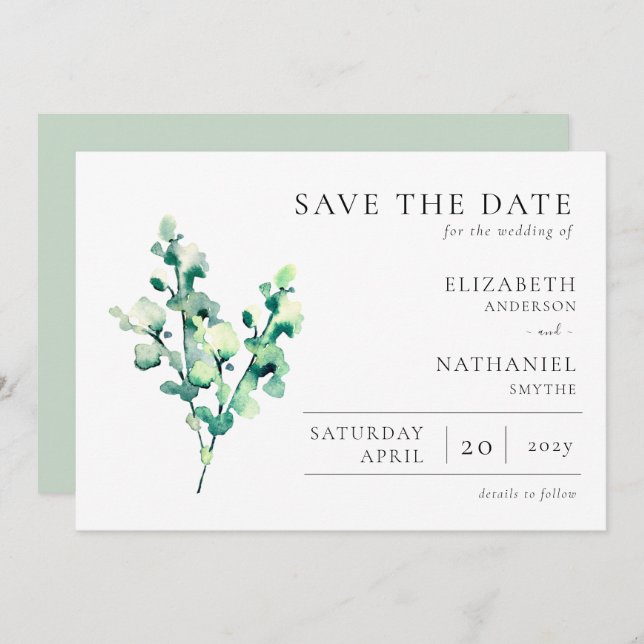 Reserve A Data Casamento Elegante de Watercolor Greenery (Frente/Verso)