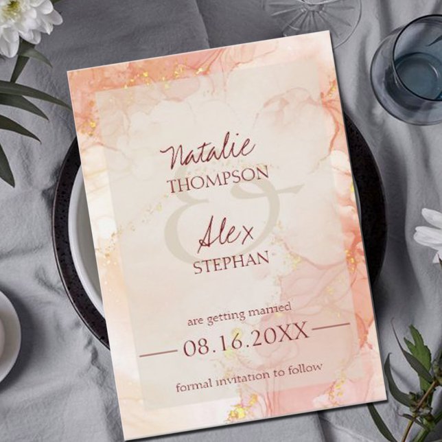 Reserve A Data Casamento Elegante do Efeito Marble Dourado Peach  (Criador carregado)