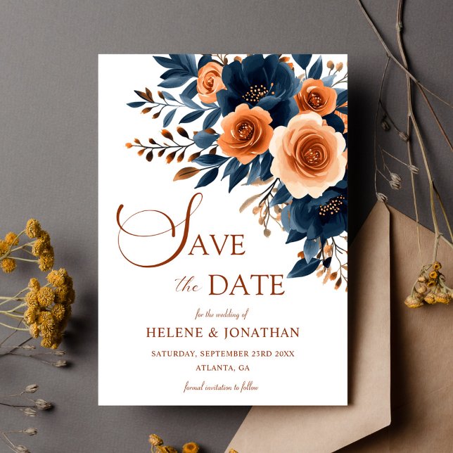 Reserve A Data Casamento Elegante do Jardim do Jardim Laranja mar (Navy Blue Orange Boho Garden Elegant Wedding Save The Date)