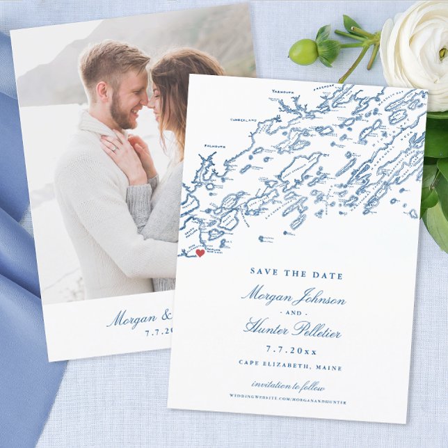Reserve A Data Casamento Elegante do Mapa de Cabo Elizabeth Maine (Elegant Cape Elizabeth Photo Save the date with free addressing from Coastal Map Designs)