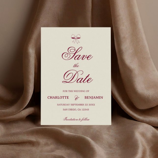 Reserve A Data Casamento Elegante em Script Burgundy com Laço de  (Criador carregado)