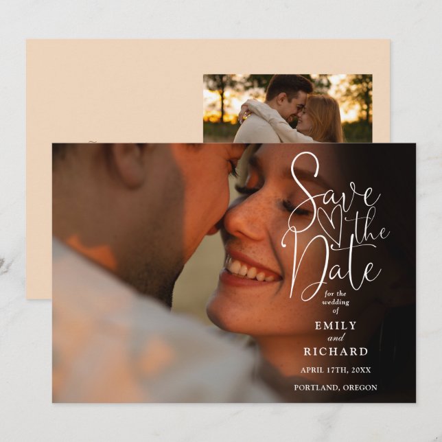 Reserve A Data Casamento Elegante em Script Soft Peach 2 Fotos  (Frente/Verso)
