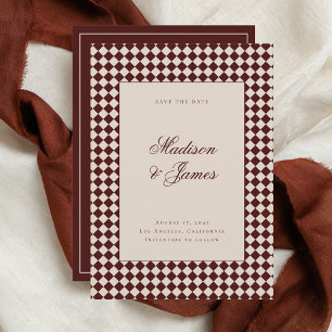 Reserve A Data Casamento Elegante em Xadrez Vermelho Bege Retrô