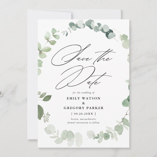 Reserve A Data Casamento Elegante Eucalyptus Calliografia (Frente)