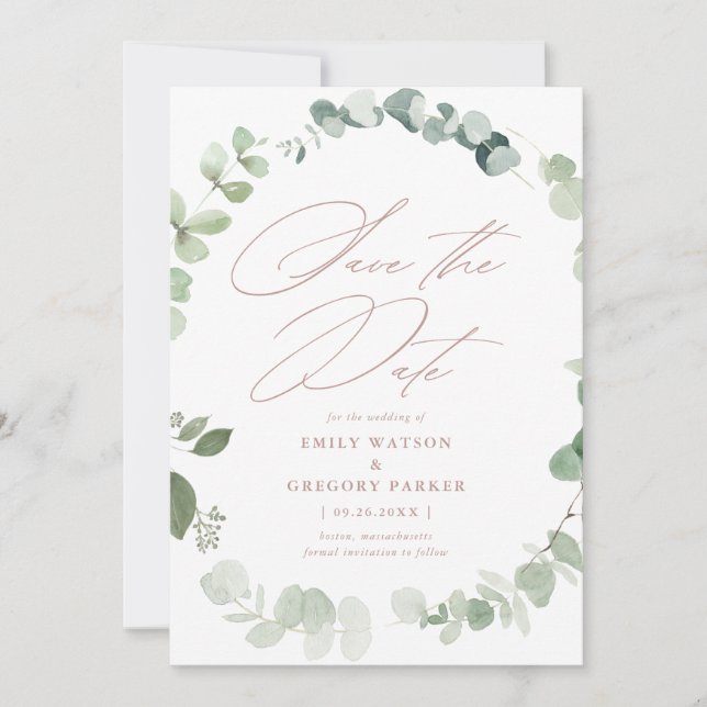 Reserve A Data Casamento Elegante Eucalyptus Calliografia Dusty R (Frente)
