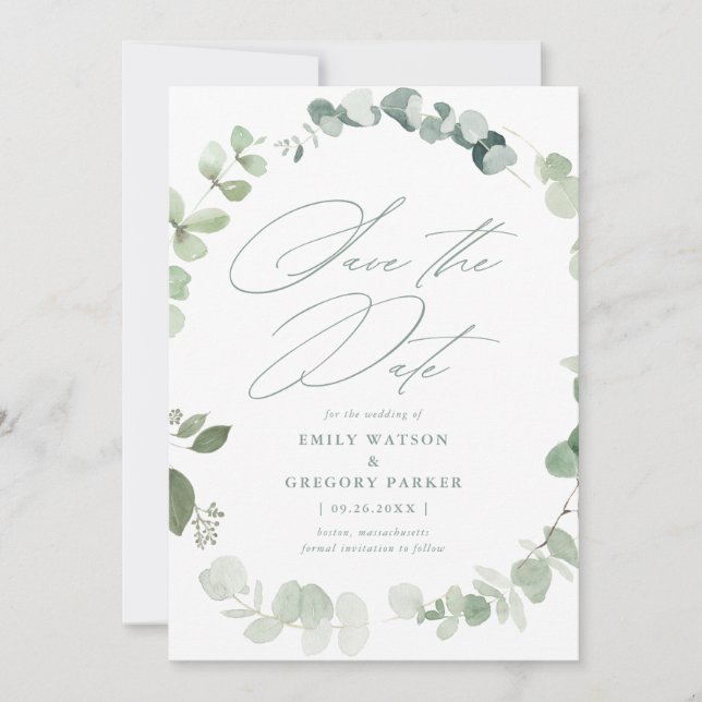 Reserve A Data Casamento Elegante Eucalyptus Calliographic (Frente)