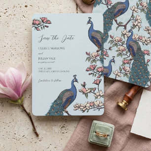 Reserve A Data Casamento Elegante Floral Azul Pavão