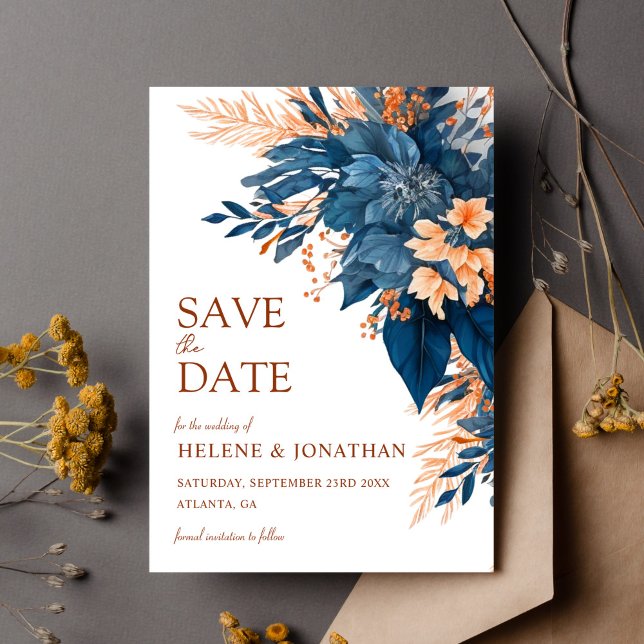Reserve A Data Casamento Elegante Floral Blue Terracotta (Blue Terracotta Floral Elegant Wedding Save The Date)