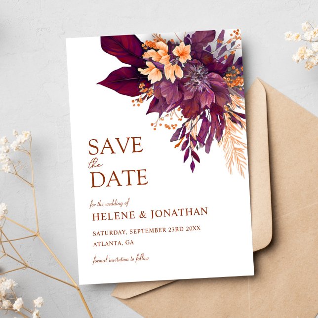 Reserve A Data Casamento Elegante Floral de Laranja Terracotta (Burgundy Orange Terracotta Floral Elegant Wedding Save The Date)