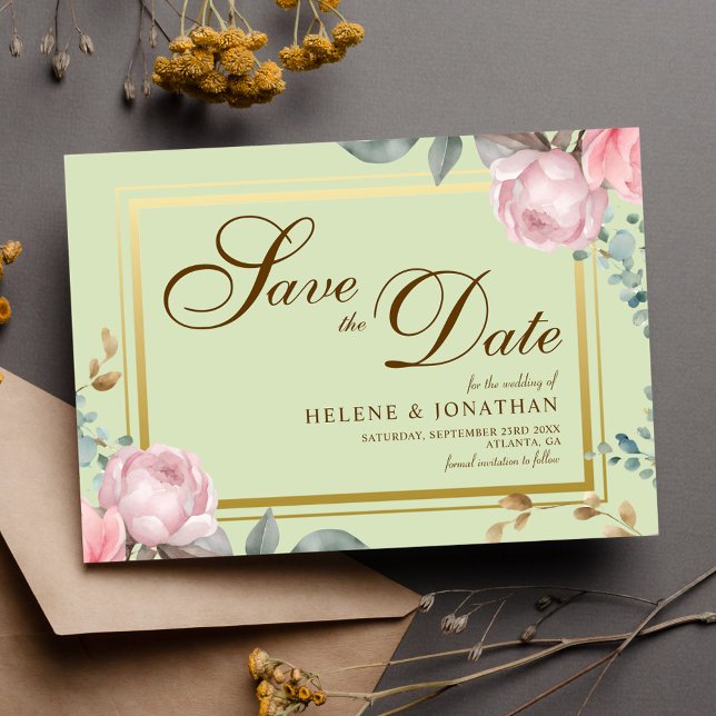 Reserve A Data Casamento Elegante Floral Verde-Rosa-Blush Sage (Blush Pink Sage Green Floral Elegant Wedding Save The Date)