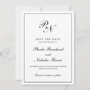 Reserve A Data Casamento Elegante Formal Branco e Preto do Monogr
