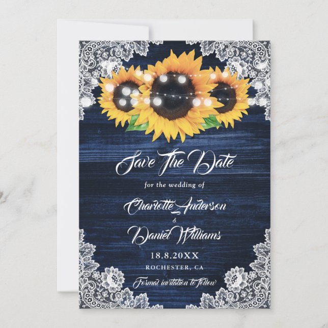Reserve A Data Casamento Elegante Girassol com Renda de Madeira A (Frente)