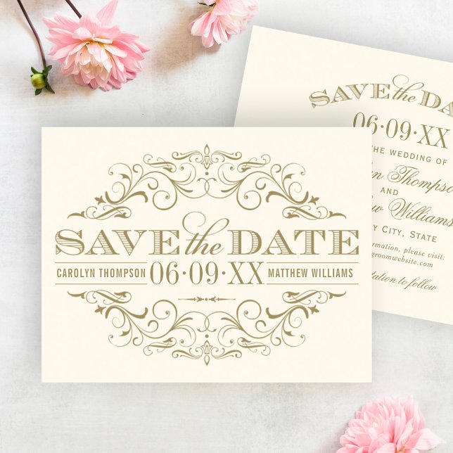 Reserve A Data Casamento Elegante Marfim Dourado Ornado (Criador carregado)