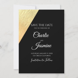 Reserve A Data Casamento Elegante Moderno Preto e Dourado em Folh