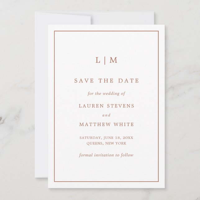 Reserve A Data Casamento Elegante Monograma de Terracota Simples (Frente)
