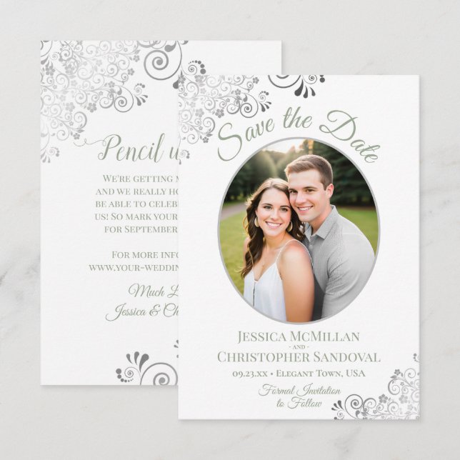 Reserve A Data Casamento Elegante Oval Foto Verde Salvia Prata On (Frente/Verso)
