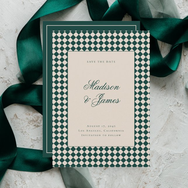Reserve A Data Casamento Elegante Retro Xadrez Verde Bege (Criador carregado)
