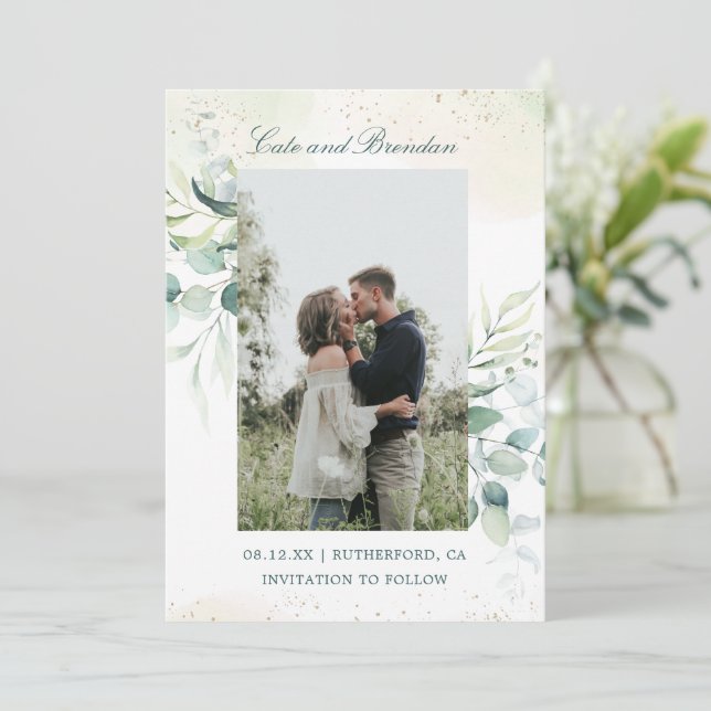 Reserve A Data Casamento Elegante Rustic Eucalyptus Greenery Foto (Em pé/Frente)