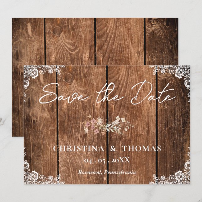 Reserve A Data Casamento Elegante Rustic Wood and Lace Country (Frente/Verso)