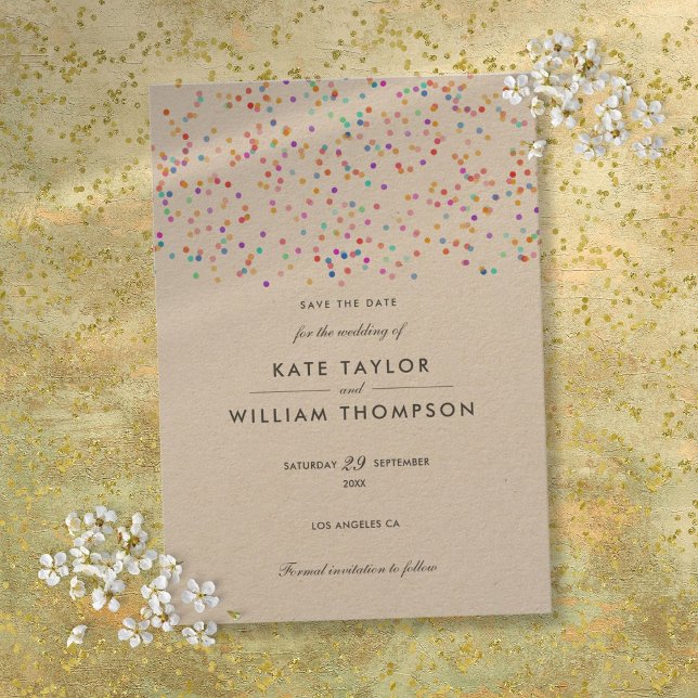 Reserve A Data Casamento Elegante Rústico Arco-íris Confete (Elegant Rustic Rainbow Confetti Wedding Save The Date)