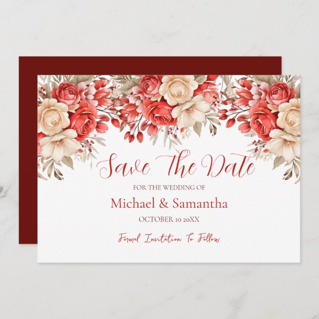 Reserve A Data Casamento Elegante Vermelho e Rosa de Marfim (Frente/Verso)