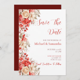 Reserve A Data Casamento Elegante Vermelho e Rosa de Marfim