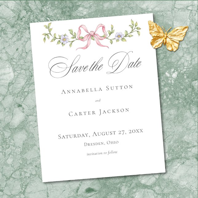 Reserve A Data Casamento Elegante Vitoriano com Arco Floral Paste (Elegant Victorian Pastel Floral Bow Wedding Save The Date)
