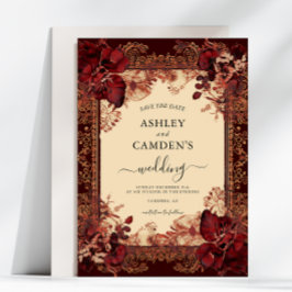Reserve A Data Casamento Elegante Vitoriano em Dourado e Vermelho