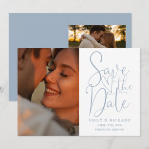 Reserve A Data Casamento em Azul Poeira 2 Foto Elegante Rascunho