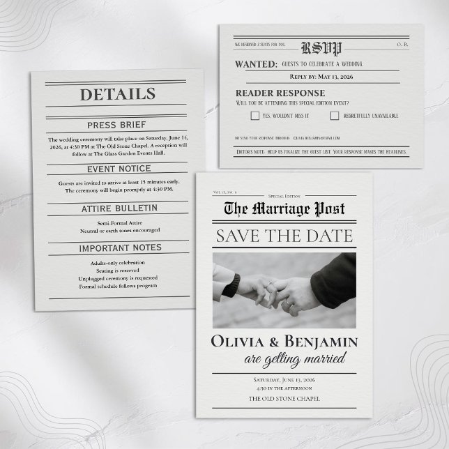 Reserve A Data Casamento em Estilo de Jornal para Salvar a Data (Criador carregado)