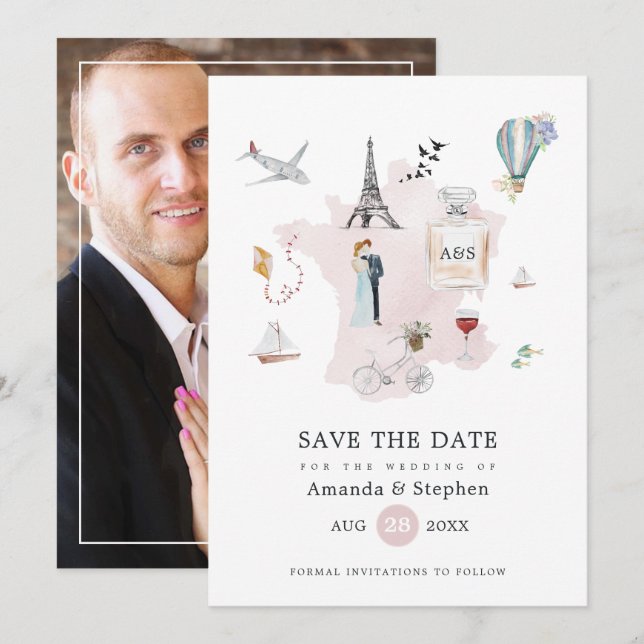 Reserve A Data Casamento em Paris com Foto Monogramada (Frente/Verso)
